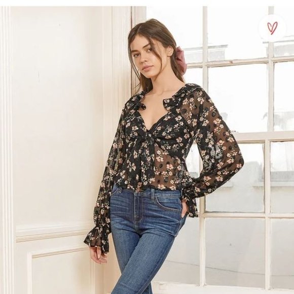 NWT Black Floral Print Ruffle Tie Front Top-Sheer - Picture 3 of 7